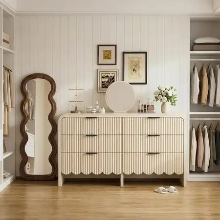 Fluted 6 Drawer Dresser for Bedroom with Wave Texture Design